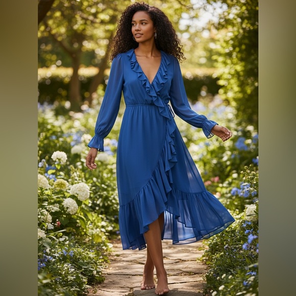 Anthropologie Long-Sleeve Ruffled Asymmetric Midi Dress - Picture 2 of 6